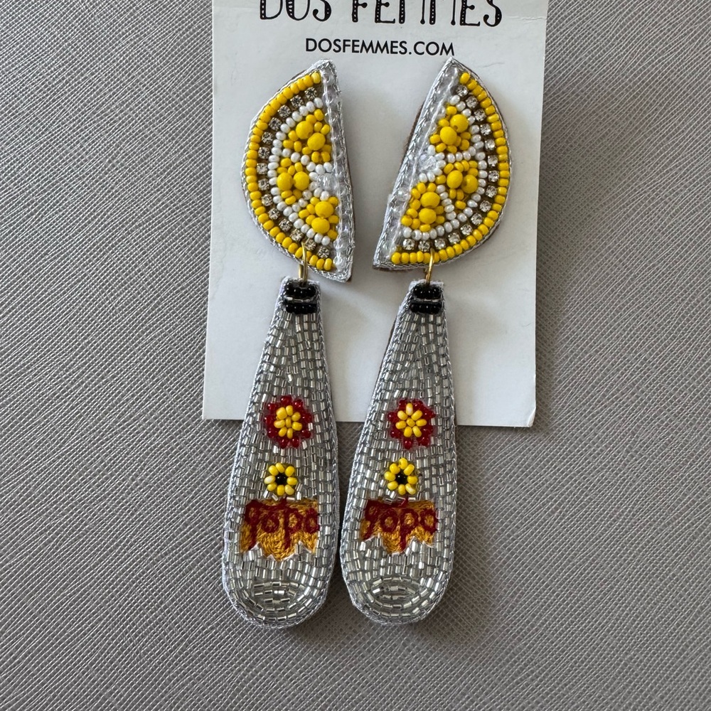 Dos Femmes Topo Chico Yellow and Silver Beaded Earrings